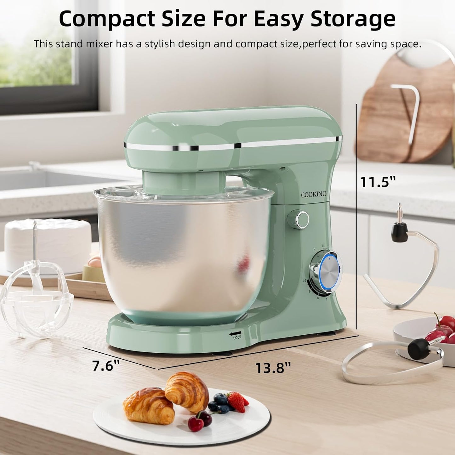 Electric Stand Mixer,10 Speeds 660W Tilt-Head Food Mixer, 3-IN-1 Kitchen Mixer for Daily Cooks with 6.5 QT Bowl,Dough Hook, Beater, Whisk (Agave Green)