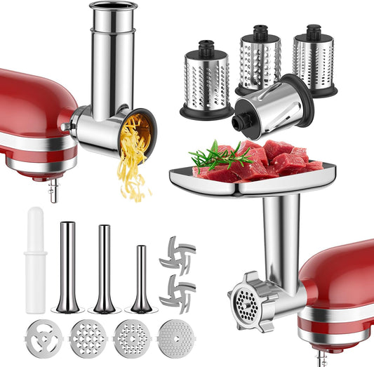Meat Grinder & Stainless Steel Slicer Shredder Attachment for KitchenAid Stand Mixer, Meat Grinder Attachment with Sausage Stuffing Set and Cheese Grater, For Kitchenaid Mixer Attachments