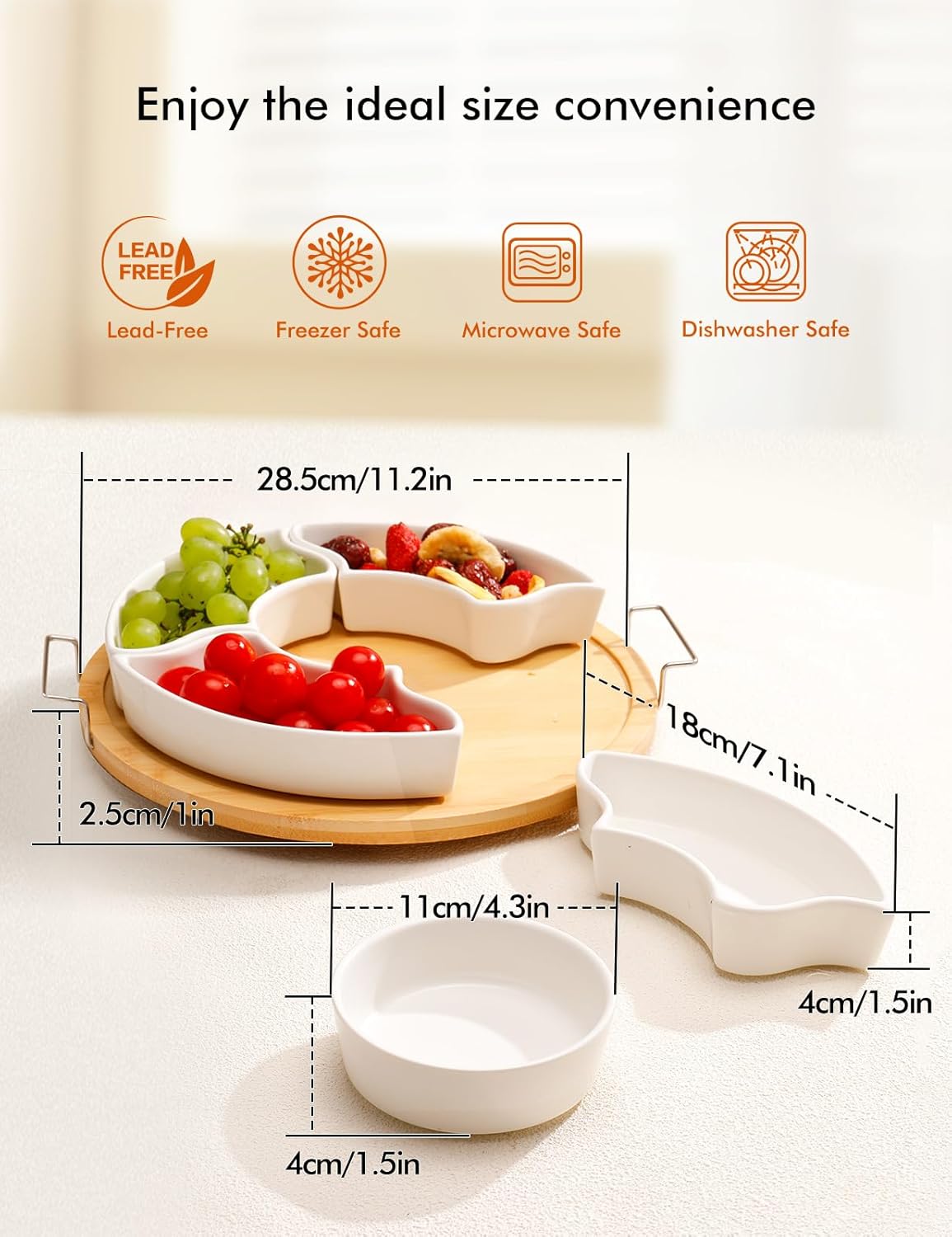 Ceramic Divided Serving Dishes with Bamboo Tray,360° Rotatable Serving Bowls with Handles for Party,5 Removable Relish Tray,11.2 Inch Appetizer Serving Dish for Chips & Dip, Veggies, Candy & Snacks