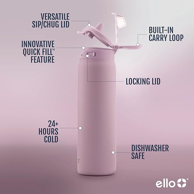 Ello Pop & Fill Stainless Steel Water Bottle with Quick Fill Technology, Double Walled Vacuum Insulated Metal, Leak Proof Locking Lid, Sip & Chug, BPA Free, Holiday Gift for Him Her, 22oz, 32oz, 40oz