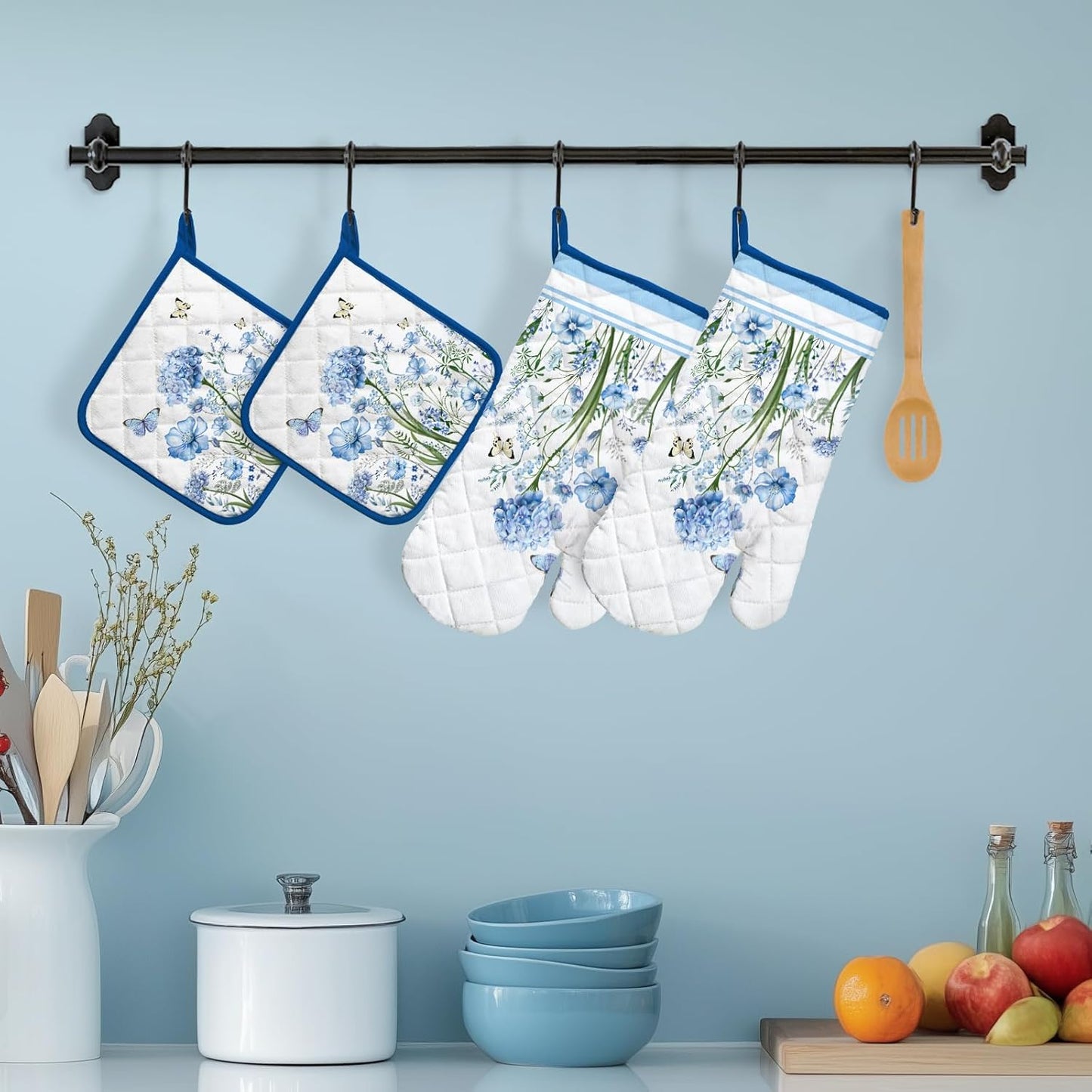 Blue Floral Oven Mitts and Pot Holders Sets 4Pcs, 100% Cotton Heat Resistant, Extra Long Oven Gloves Potholder for Kitchen Cooking Baking Decoration