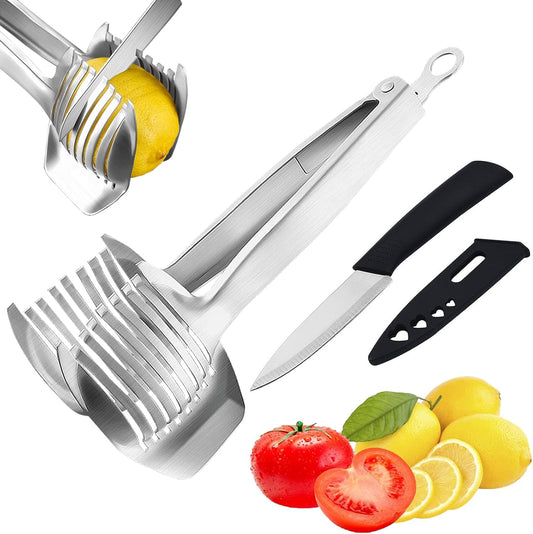 KAYCROWN Tomato Slicer Holder with Paring Knife Set, Stainless Steel Lemon Slicer Cutter for Slicing, Onion Holder for Slicing, Vegetable Cutter for Tomato, Lemon