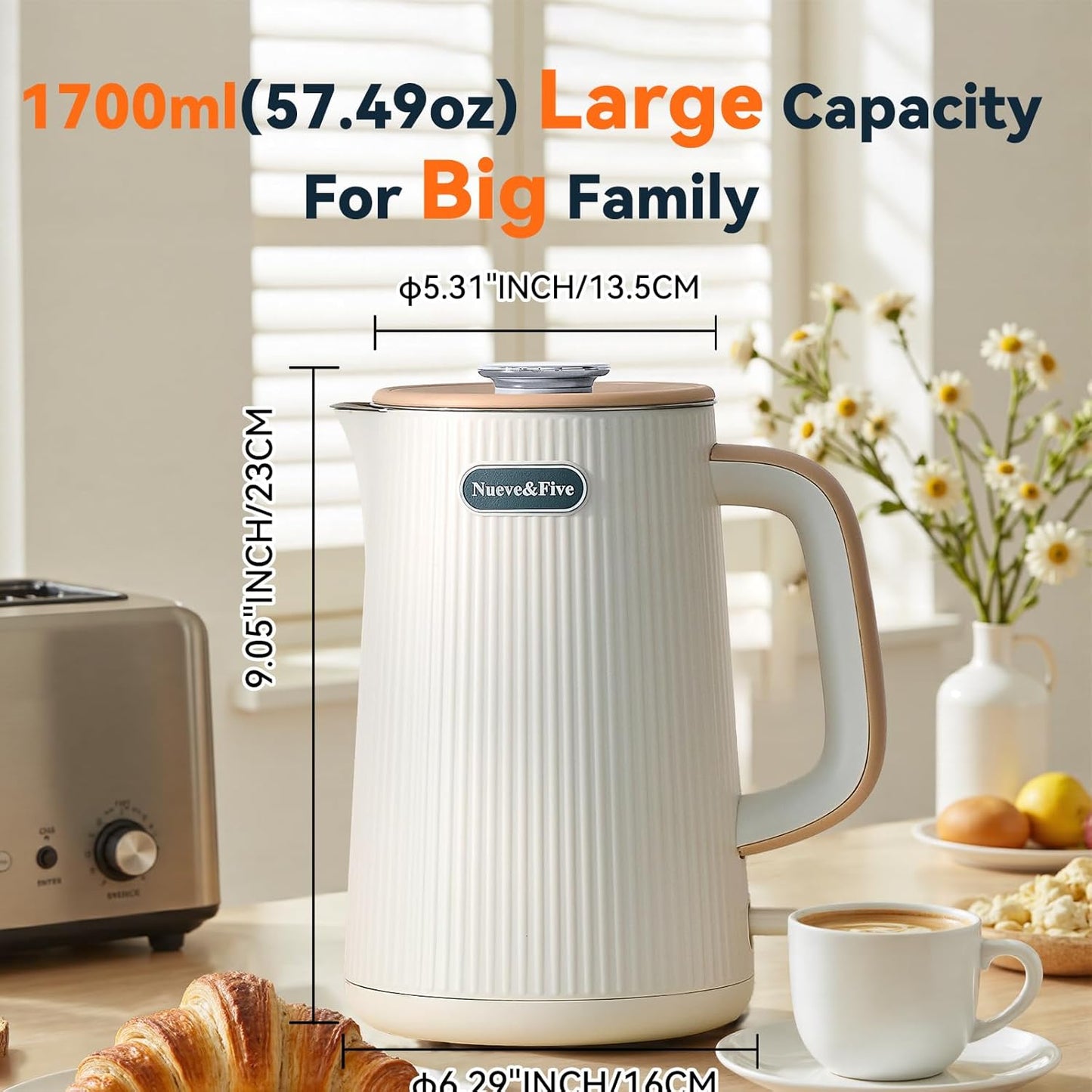 Nueve&Five 1.7L (57oz) Large Electric Kettle Perfect for 7+Cups of Tea and Coffee,2 quarts Double Wall Big Electric Tea Kettle,Auto Shut Off,1200W Hot Water Kettle Electric -Cream White