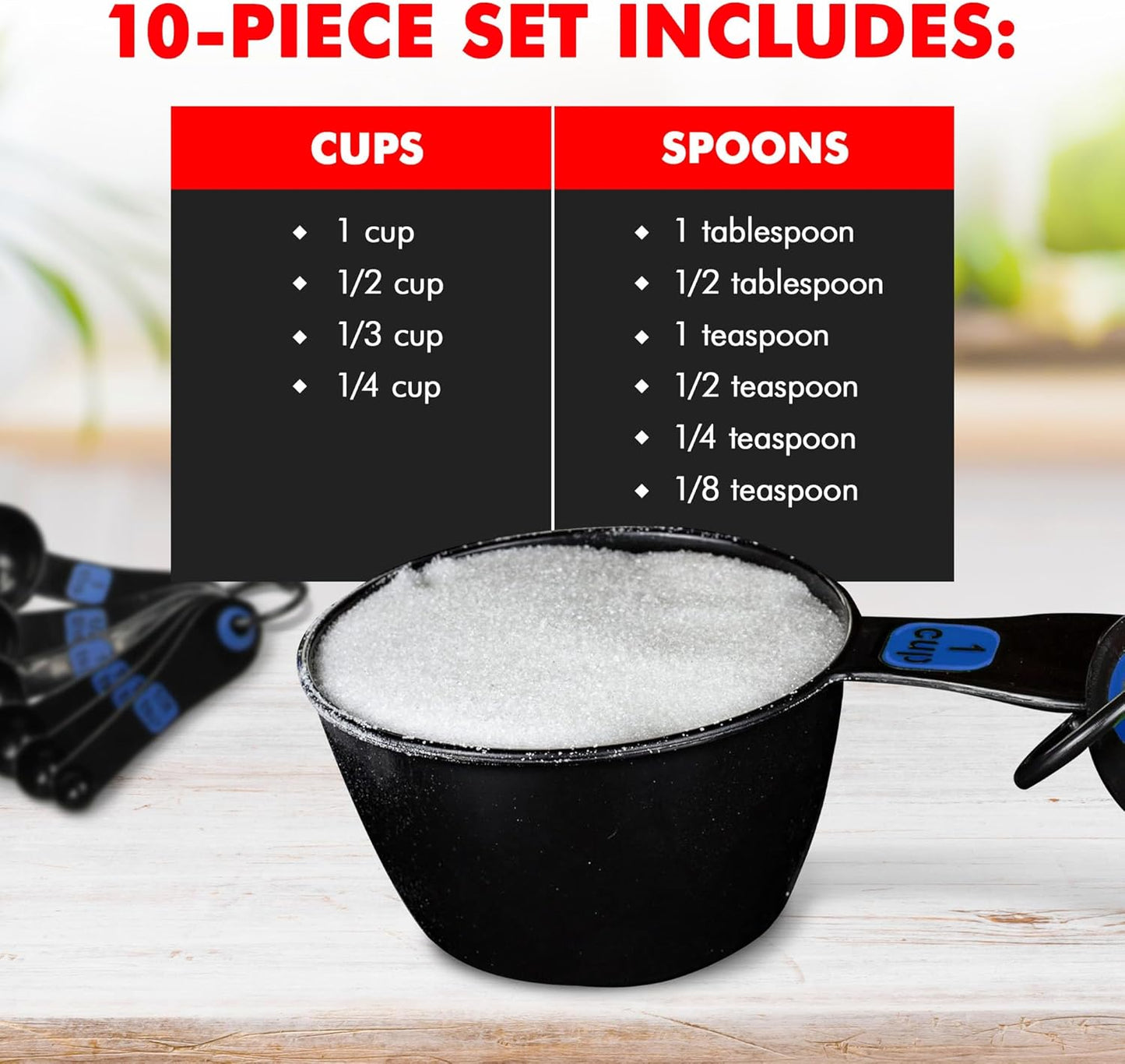 Chef Craft Easy to Read Plastic, Measuring Cup Set, 10 piece set, Blue