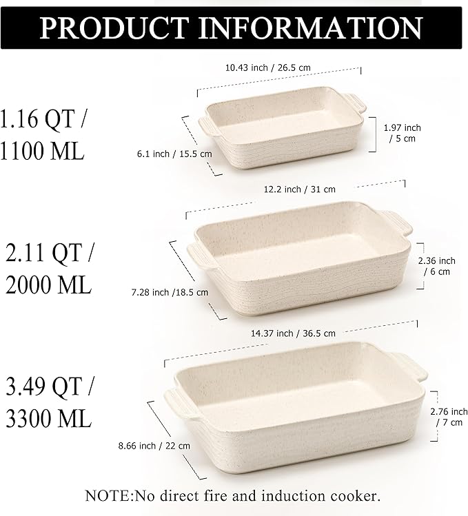 Ceramic Baking Dish Set of 3, Casserole Dishes for Oven, Square Porcelain Bakeware Set with Handles, Lasagna Baking Pan for Cooking, Perfect for Baking and Serving, Housewarming, Halloween, Thanksgiving, Christmas, New Year-Reactive White