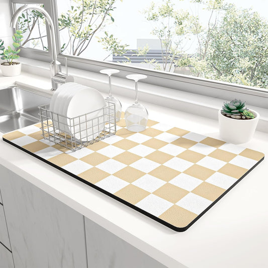 Rnivvi Dish Drying Mat for Kitchen Counter, 12 x 19" Cute Checkered Absorbent Draining Pad, Non-Slip Heat Resistant Coffee Bar Mats for Coffee Machine Station Accessories, Beige White Dish Rack Pad