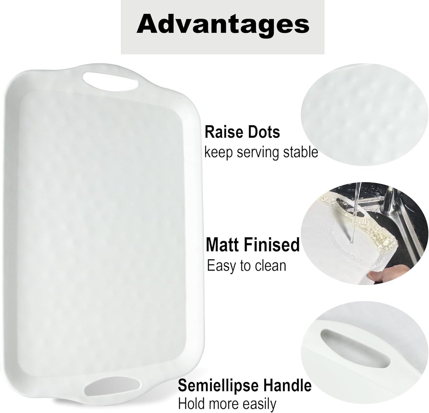 Extra Large Serving Tray with Handles, 20x13 inch, Set of 2 Melamine Platters for Serving Food, Turkey, Cookie, Rectangular Trays for Eating, Raised Dots Matt Finished, Dishwasher Safe, White