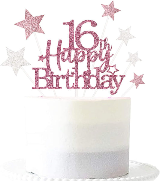 Glittery 16th Happy Birthday Cake Topper with Star,Personalised 16 Birthday Cake Toppers Party Decorations Party Supplies for Boys Girls Rose Gold