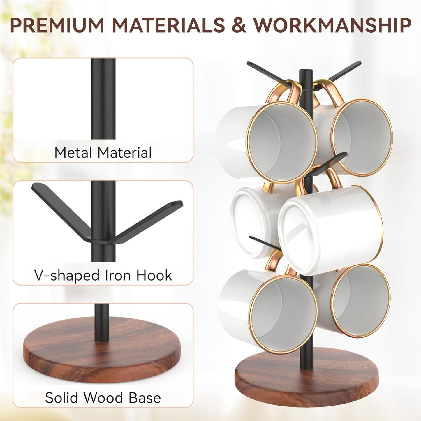 Coffee Mug Tree Holder Countertop, Non-Slip Walnut Wood Mug Rack with 6 Hooks, Coffee Cup Rack for Home Storage and Organizer (Brown)