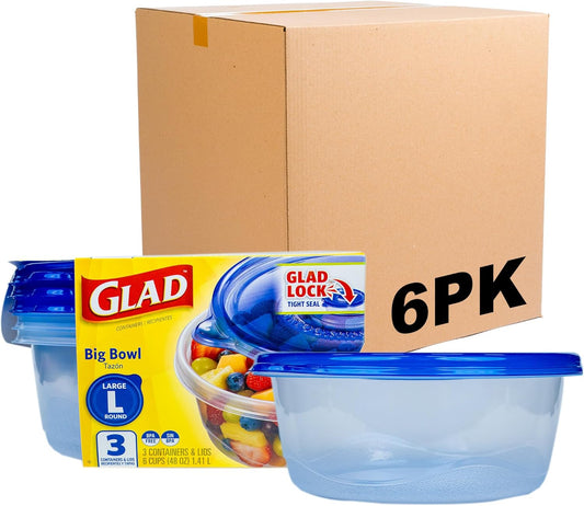 Glad GladWare Big Bowl Food Storage Containers, Large Round Bowl Holds 48 Ounces of Food Food Storage Containers for Everyday Use to Preserve Freshness, 3 Count - 6 Pack