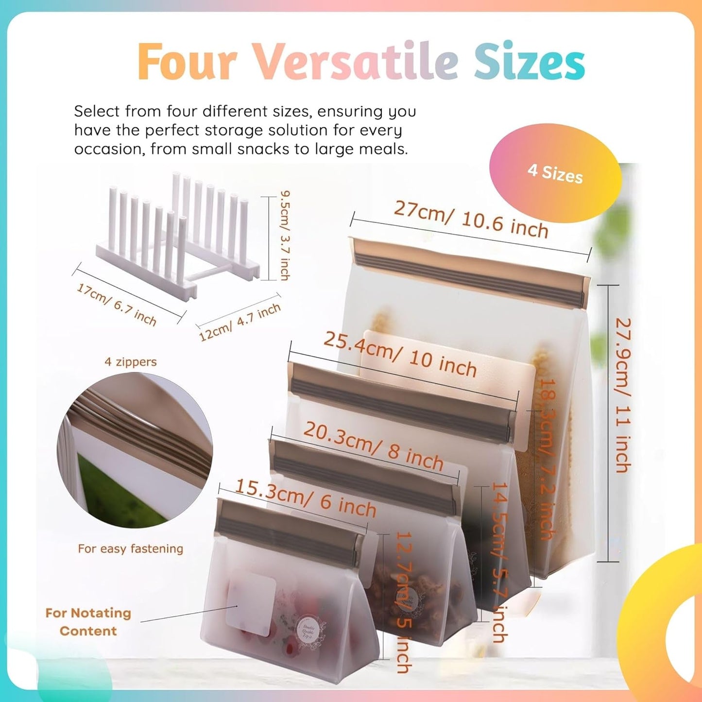 Reusable Silicone Food Storage Bags – 21-Pack Stand-Up, BPA-Free, Freezer, Dishwasher Safe & Eco-Friendly – 4 Gal, 6 L, 7 M, 3 S + Rack – Airtight Leakproof Sandwich, Snack, and Meal Prep Bags (Grey)