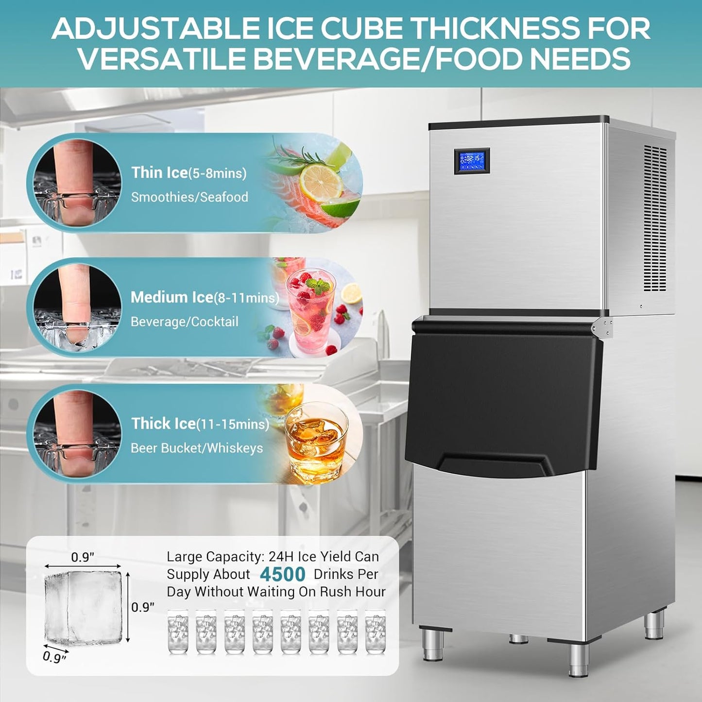 Commercial Ice Maker Machine 400Lbs/24H, Industrial Ice Machine 250 Lbs Storage Bin, 156PCS Clear Ice Cubes in 11 Mins, Freestanding Stainless Steel Ice Maker for Restaurants/Bar/Large Families