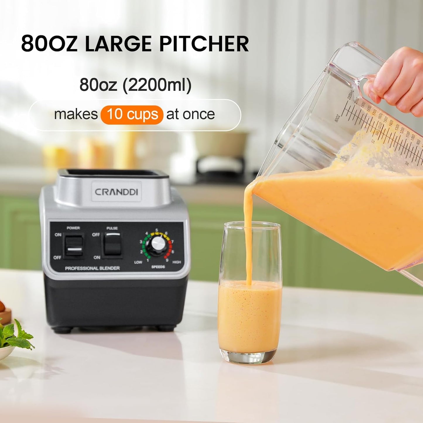 CRANDDI Professional Commercial Blender for Kitchen with Max 1500W High Power, 80oz Large Capacity Blender with Tamper for Crushing Ice, Chopping, Grinding, Making Smoothies, K96 Black