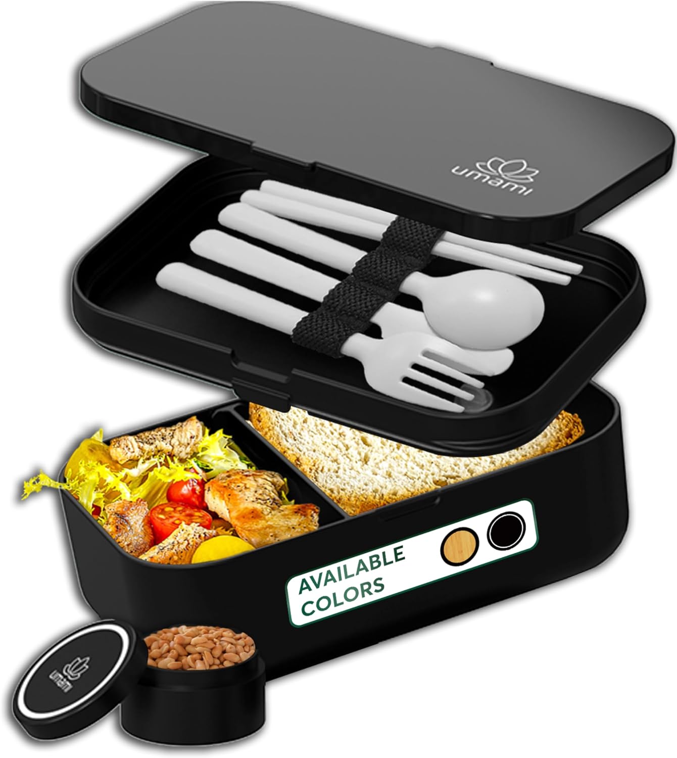Umami Bento Box Adult All-in-1 w/ 4 Utensils, 100% Leakproof, Dishwasher & Microwave Safe Lunch Containers for Adults w/ 4 Compartments, Black, 34 oz