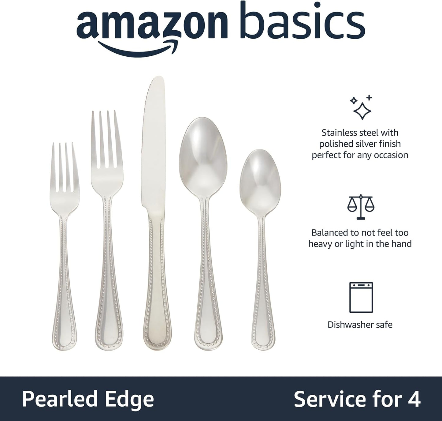 Amazon Basics Silverware Set, Stainless Steel Flatware, Dishwasher Safe, Service for 4, 20-Piece Forks and Spoons, Pearled Edge