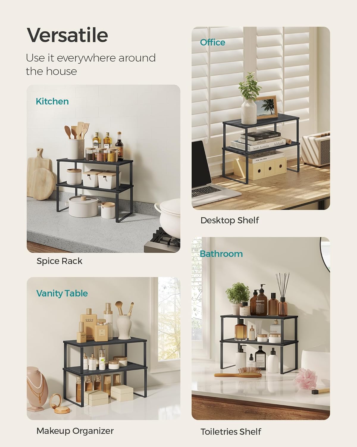 SONGMICS Cabinet Organizer Shelf, Set of 2 Kitchen Counter Shelves, Kitchen Storage, Spice Rack, Stackable, Expandable, Metal and Engineered Wood, Ink Black and Charcoal Black UKCS025B01