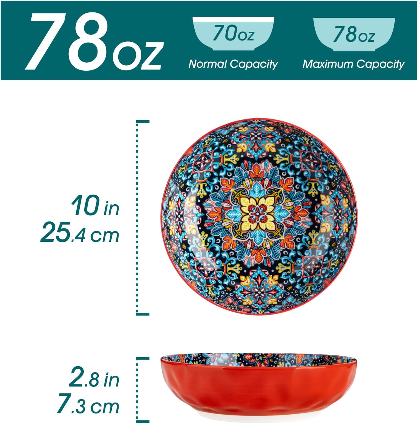 vancasso Large Serving Bowls, 78 Oz Extra Large Salad Bowls Set of 2, Bohemian Decorative Bowls for Salad, Fruit, Pasta and Dinner, Serving Dishes Set for Party, Dishwasher & Microwave Safe－Red