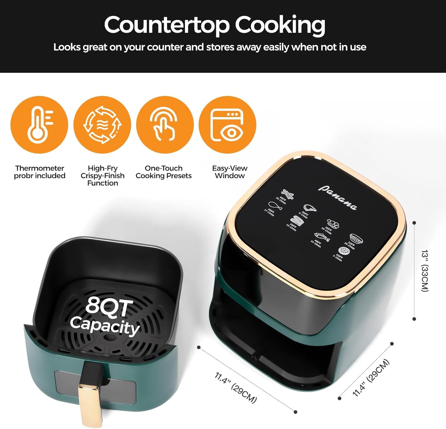 Panana 8QT Large Air Fryer Compact, 8 Preset Menus Airfryer, One-Touch Digital Control Presets, Touchscreen Display, Dishwasher Safe, Nonstick, Fit for Family (Green)