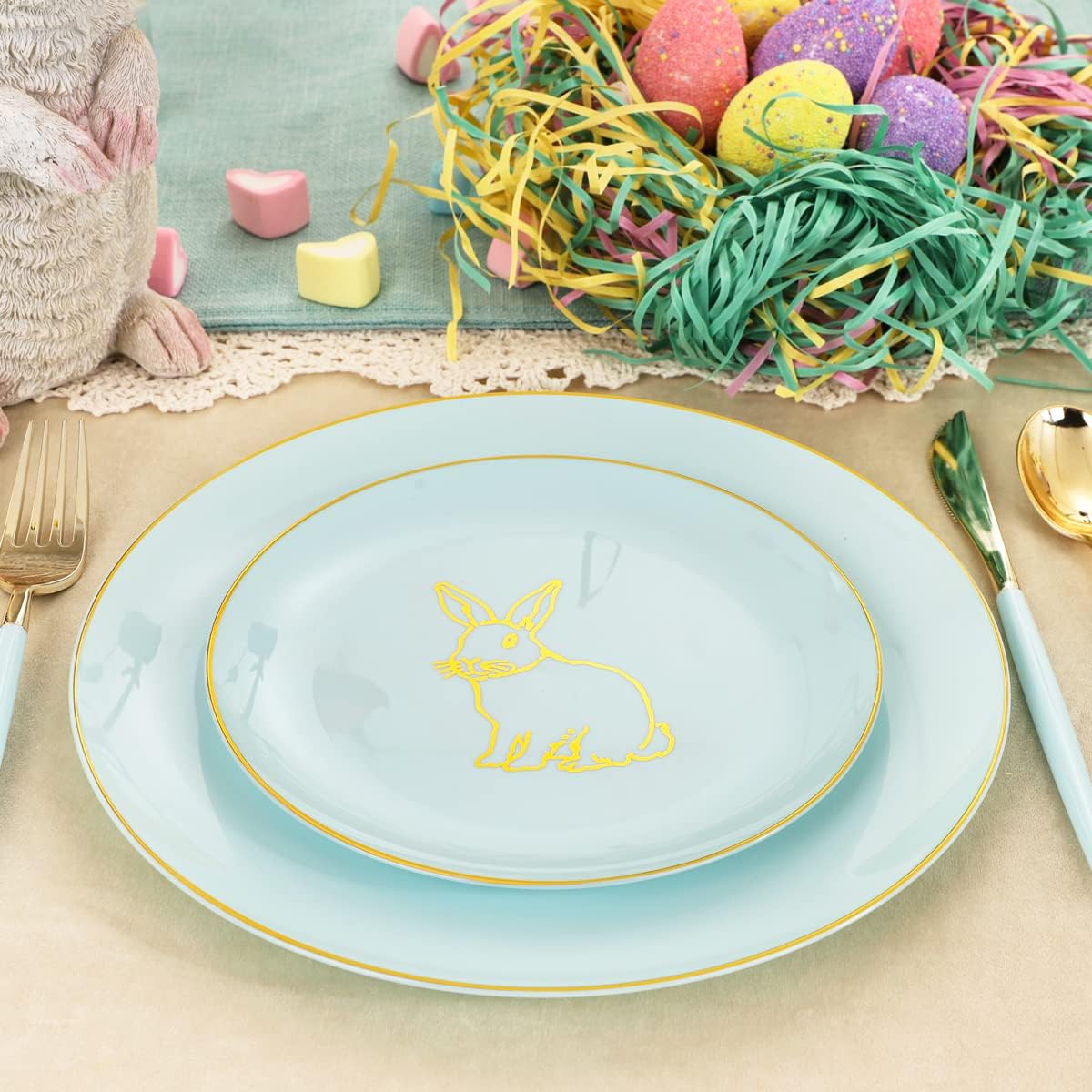 KIRE 60 Pieces Easter plates with Gold Bunny-Mint Green Plastic Plates include 30Pieces 10.25inch Dinner Bunny and 30Pieces 7.5inch Green Dessert/Salad Plates for Easter Day
