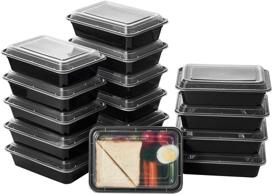 FULING 32 oz 50Pack Plastic Meal Prep Food Storage Containers with Lids Reusable 1 Compartment To Go Lunch Box Black Extra Large &Thick Microwave Freezer Dishwasher Safe BPA Free Stackable