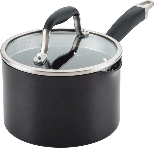 Anolon Advanced Home Hard Anodized Nonstick Sauce Pan/Saucepan with Straining and Lid, 2 Quart (2 Qt Straining Saucepan, Onyx)