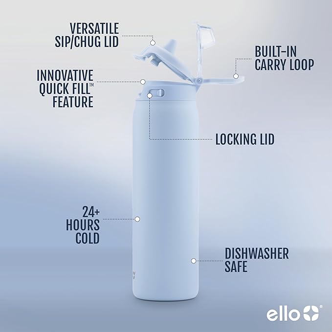 Ello Pop & Fill Stainless Steel Water Bottle with Quick Fill Technology, Double Walled Vacuum Insulated Metal, Leak Proof Locking Lid, Sip & Chug, BPA Free, Holiday Gift for Him Her, 22oz, 32oz, 40oz