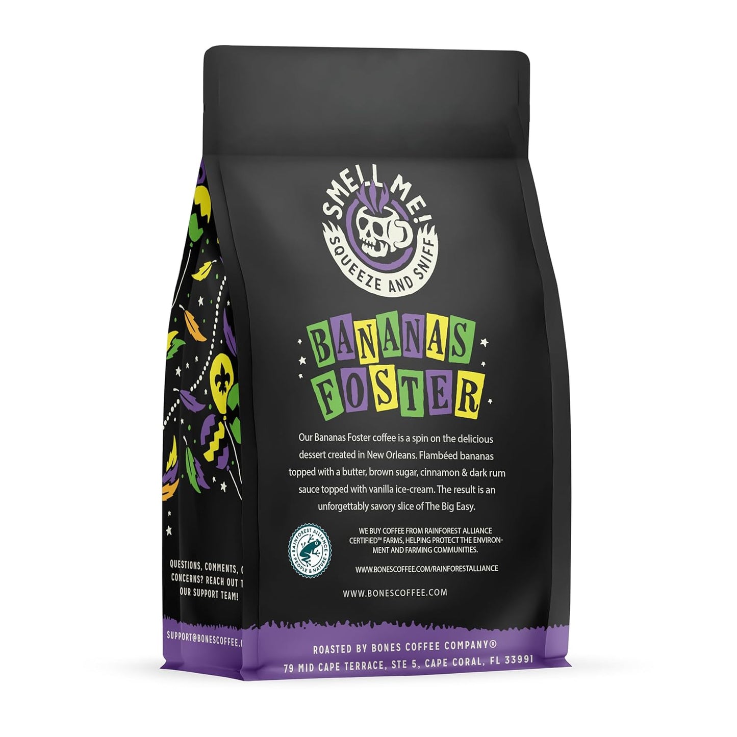 Bones Coffee Company Bananas Foster, Banana, Rum and Vanilla Flavored Coffee, Medium Roast Low Acid Arabica Beans Compatible with Auto drip and French Press Coffee Maker, 12 Oz Ground