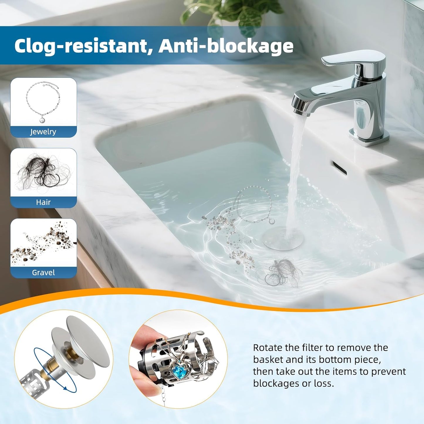 Hibbent Upgraded 3 in 1 Bathroom Sink Drain Strainer, Pop Up Sink Stopper with Big Push Cap, Anti-Clogging Metal Filter Basket,Sink Plug with Hair Catcher for 1.1''~2.36'' Basin, Brushed Nickel