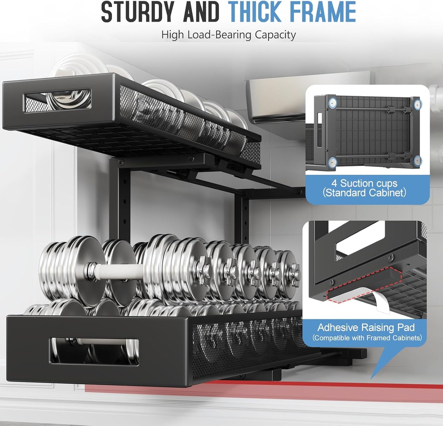 2 Pack 19IN Depth Under Sink Storage Organizer, Large 2-Tier Elegant Mesh Pull Out Shelf for Kitchen and Bathroom Cabinet Organization, L-Shaped and Adjustable Height Design-Black