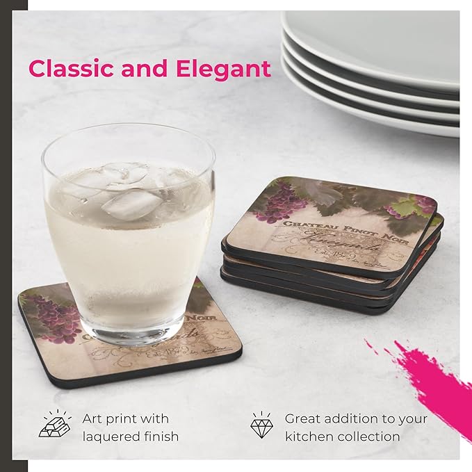 Pimpernel Portmeirion Toscana Coasters, Set of 4 – 4.25" Cork-Backed Boards Featuring Grape Artwork, Heat & Stain Resistant Lacquer Finish, Decorative Drink Mats for Wine Lovers & Coffee Tables