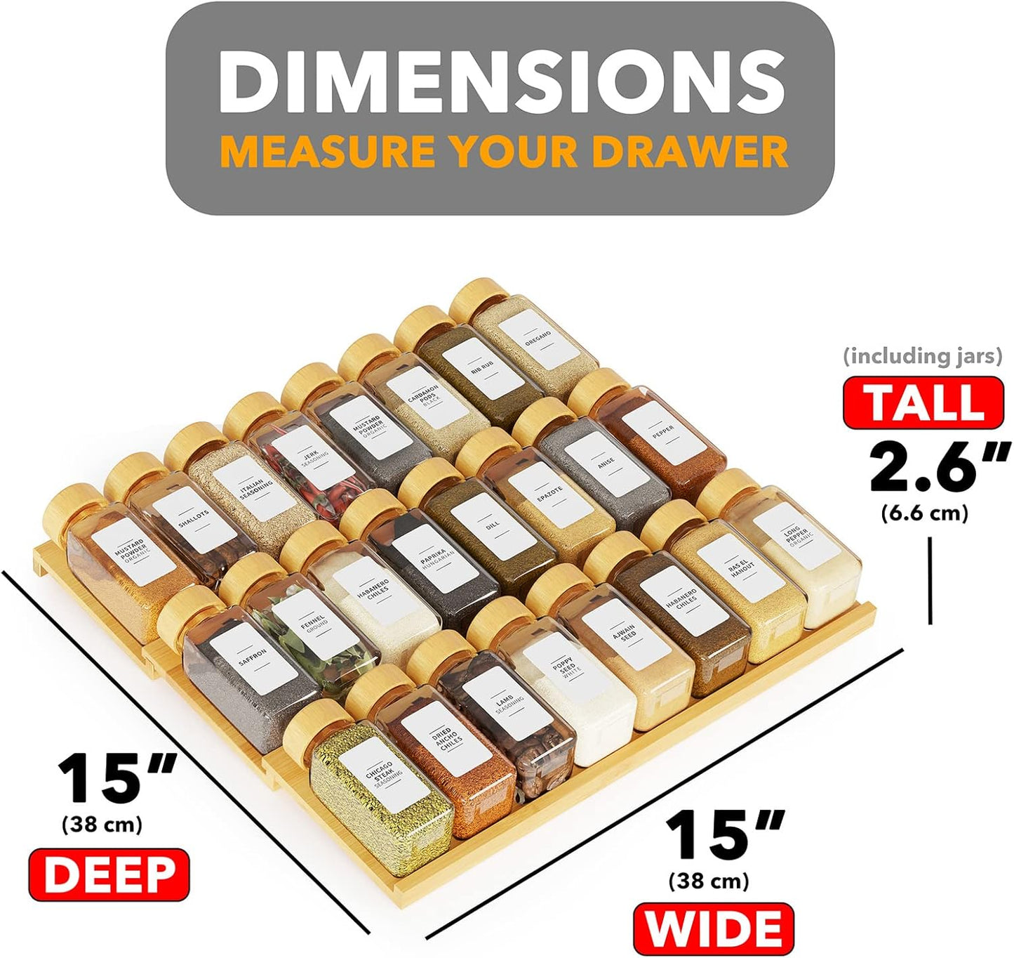 SpaceAid Bamboo Spice Drawer Organizer with 24 Spice Jars, 378 White Minimalist Spice Labels, 3 Tier Seasoning Rack Tray Insert for Kitchen Drawers, 15" Wide x 15" Deep x 2.6" Tall