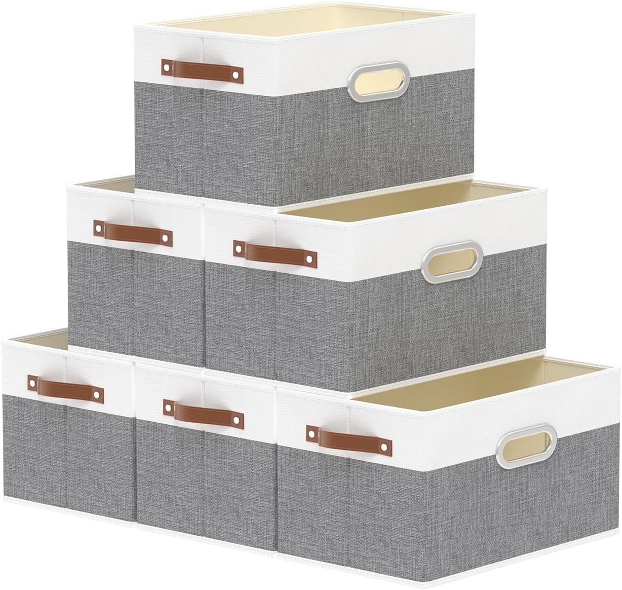 Yawinhe Fabric Storage Baskets, Foldable Closet Organizer for Shelves, Large Boxes with 3 Handles, Canvas Bins for Clothes, White/Grey, 12.99''Lx9.05''Wx7.87''H, 6-Pack