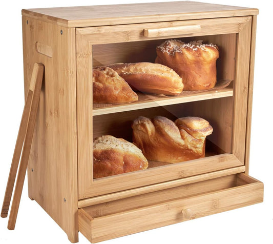 Large Bamboo Bread Box for Kitchen Countertop, Double Layer Bread Boxes for Kitchen Counter with Utensil Tray Drawer Organizer, Large Capacity Bread Storage Container