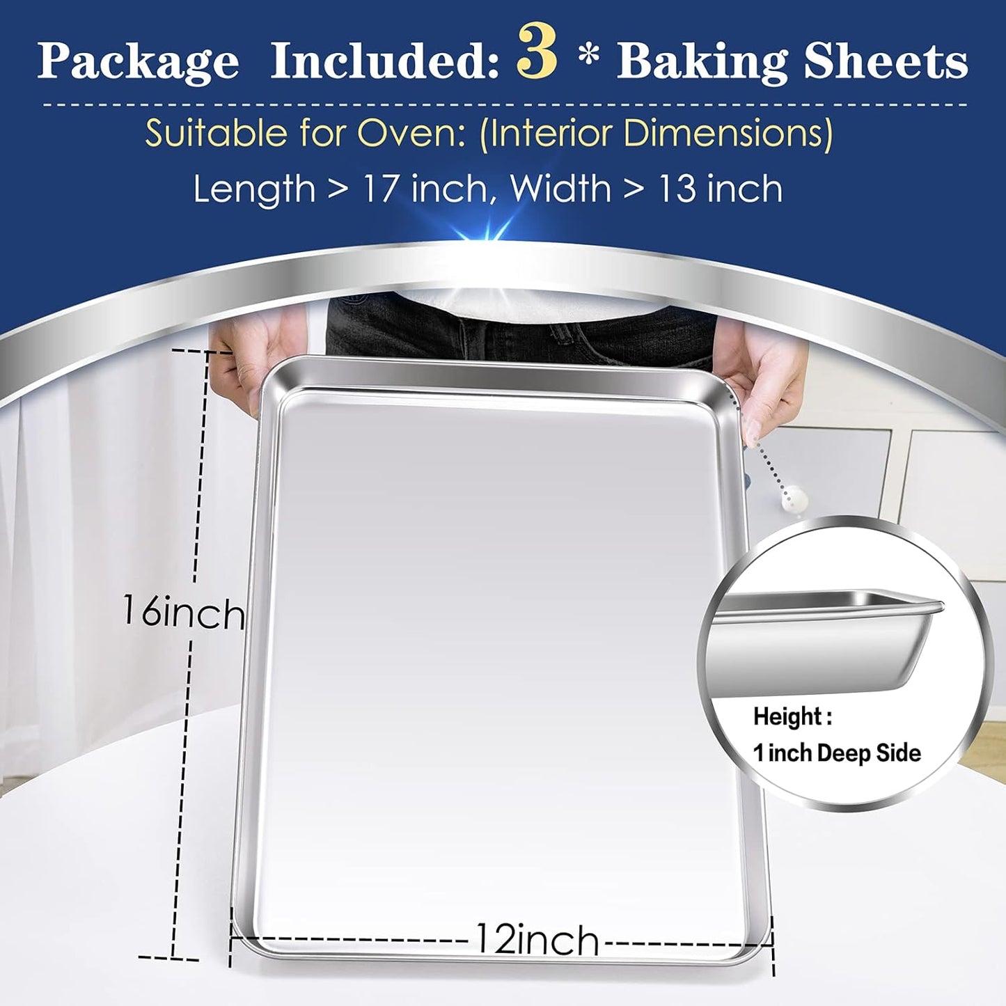 P&P CHEF 16 Inch Baking Cookie Sheet, Oven Pan Tray Stainless Steel Sheet Pan for Kitchen, Oven Bakeware for Multi Uses, Shiny Look & Dishwasher Safe, Healthy & Heavy Duty, 3Pcs