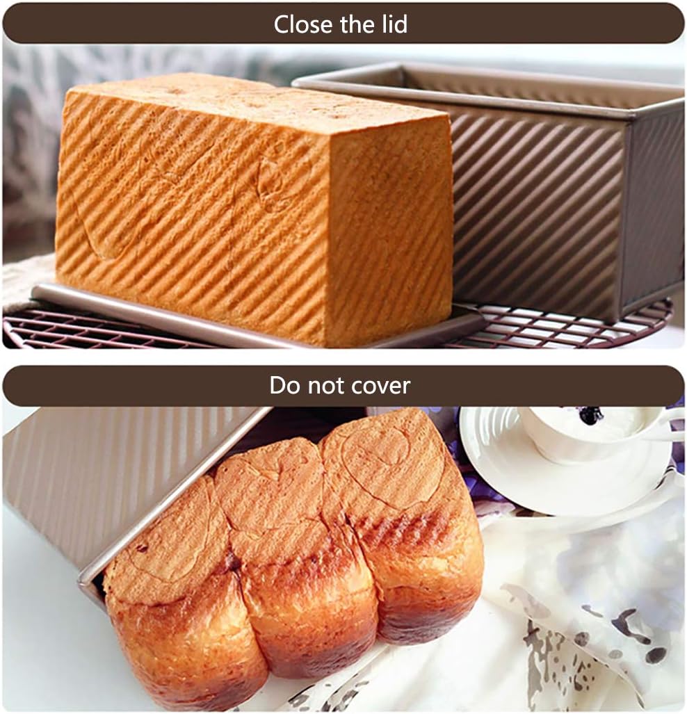 Pullman Loaf Pan with Lid, Non-Stick Bakeware Golden Corrugated Carbon Steel Bread Toast Box Mold with Cover for Baking Bread, 1 lb Dough Capacity