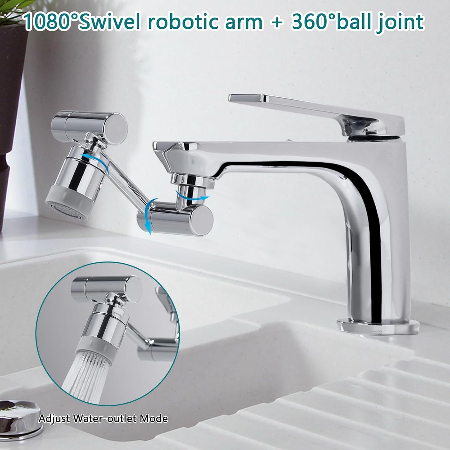 TIDYENDURE 1080°Swivel Faucet Extender, Sink Water Faucet Aerator Extension, 2-Flow Sprayer Faucet Head, Faucets Bubbler for Kitchen and Bathroom Sink Faucet, Tap Adjustment for Face Washing, Silver