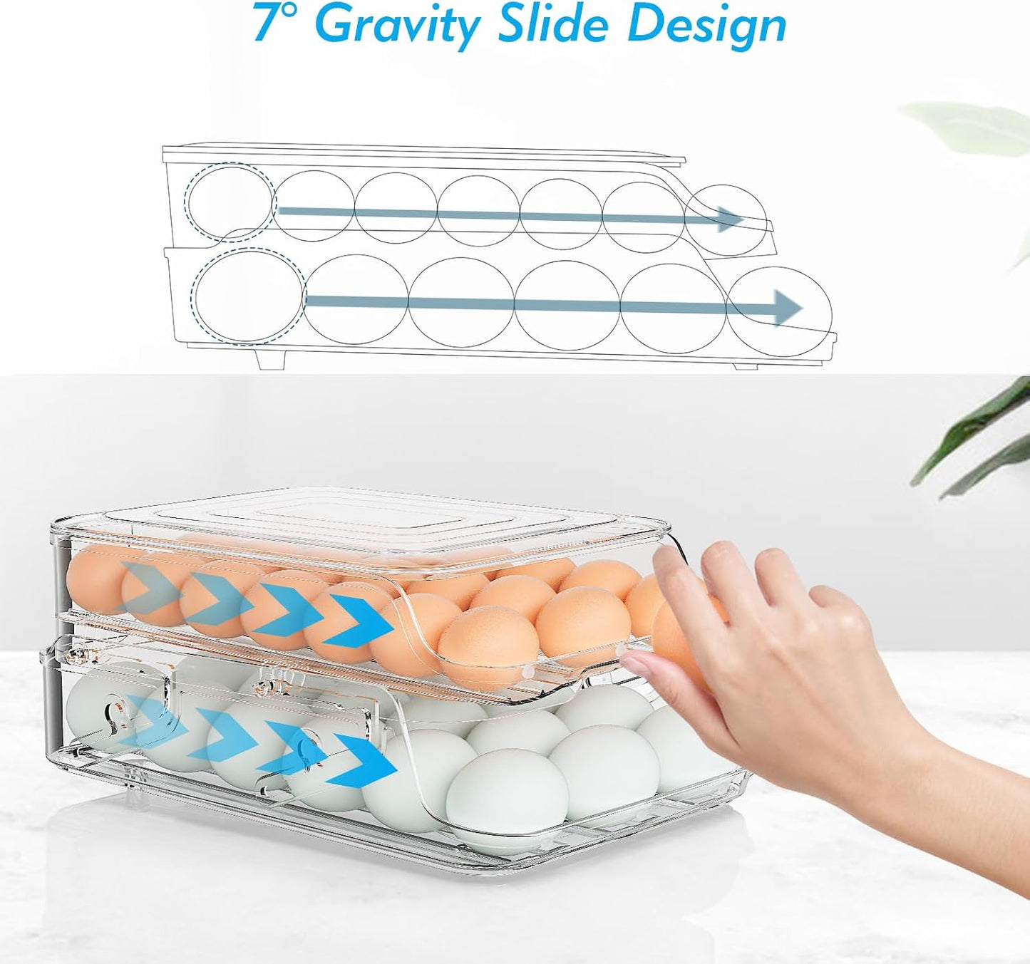 Egg Holder for Fridge, Automatic Steady Rolling Egg Dispenser with Silicone Bumpers, Egg Container With Lid, Large Capacity Clear Egg Holder for Kitchen or Pantry Organizers&Storage