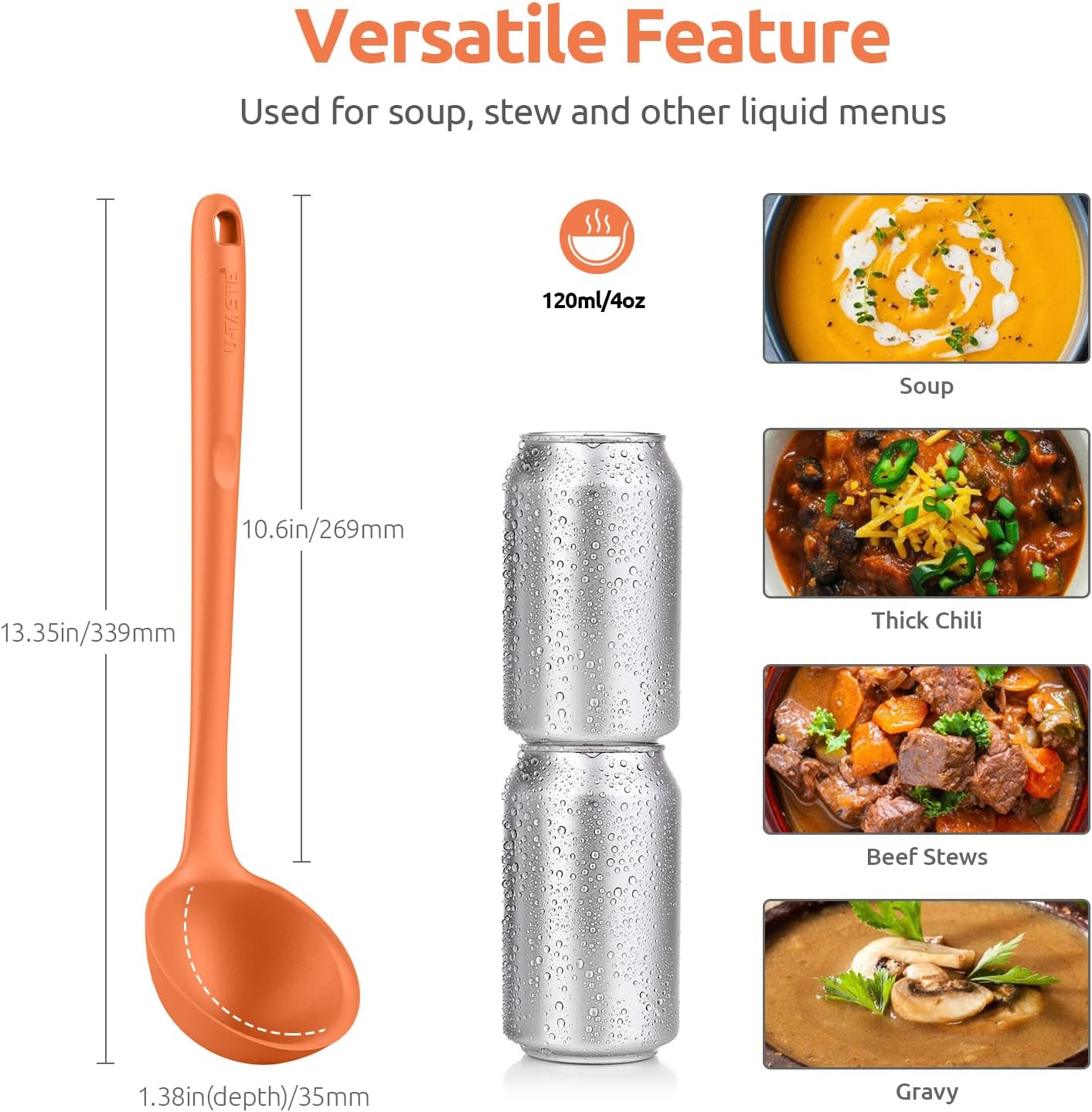 13 inch Silicone Soup Ladle: U-Taste 600ºF Heat Resistant 4 oz Large Non-stick Seamless Rubber Kitchen Deep Serving Spoon with Non-slip Solid Long Handle for Cooking Sauce/Stews/Gravies/Chili(Orange)