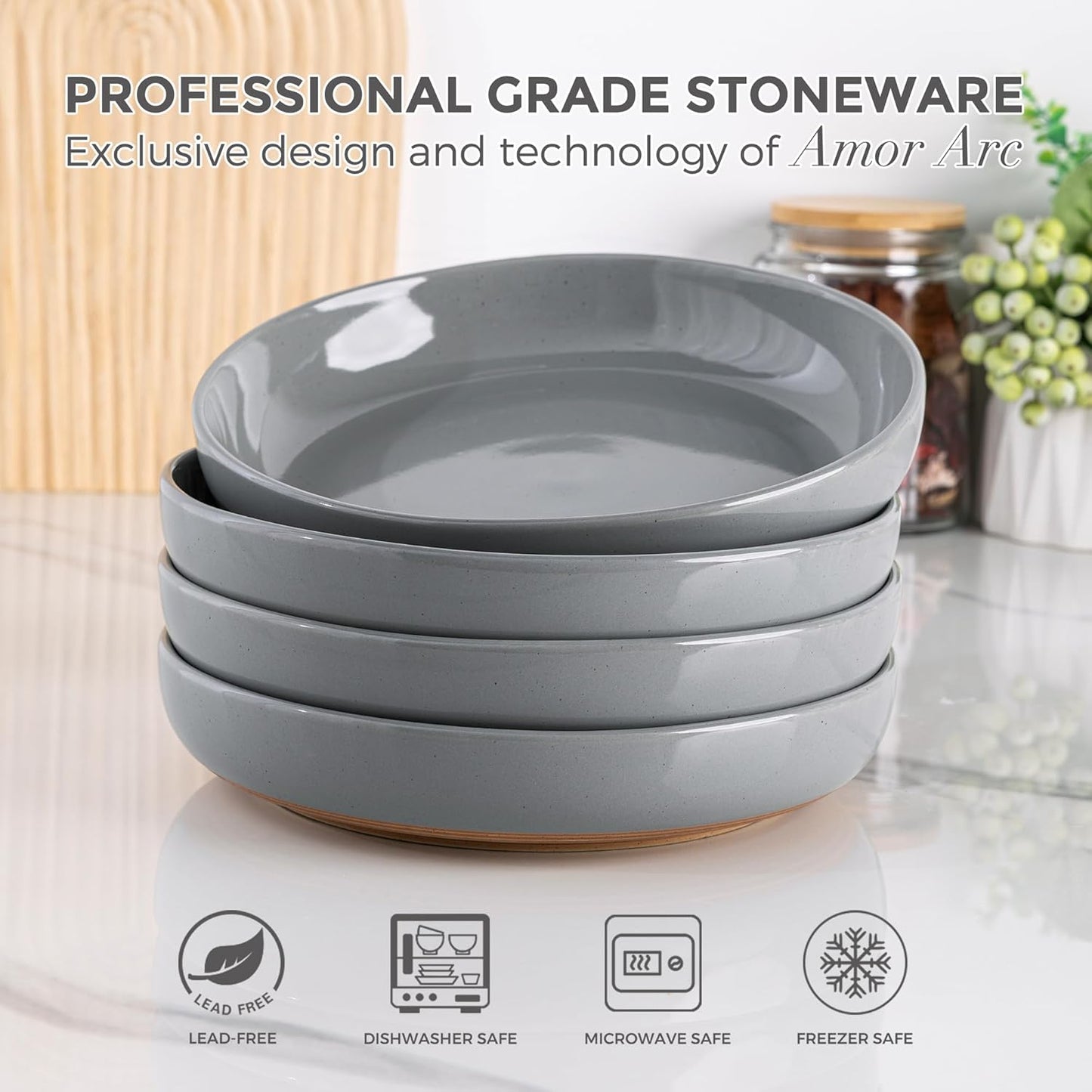 AmorArc 8.75'' Large Ceramic Pasta Bowls, 36oz Handpainted Stoneware Bowls Set of 4, Microwave&Dishwasher Safe Bowls with Wavy Rim&Rustic Terracotta Underside for Pasta Salad, Gray