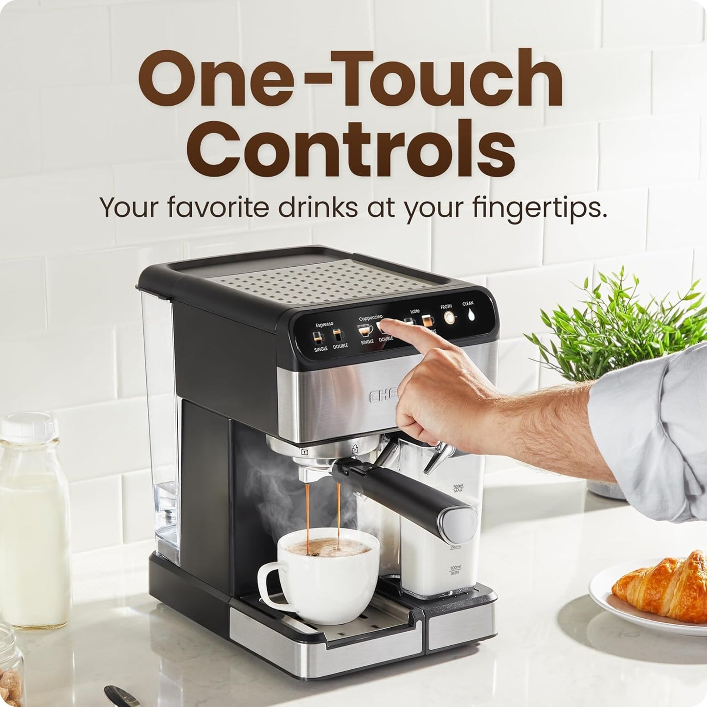 Chefman CaféMaster Pro Espresso Machine, Brew Single or Double Shots, Coffee Maker with Built-In Milk Frother for Cappuccino & Latte, XL 1.8 Liter Removable Water Reservoir - Stainless Steel