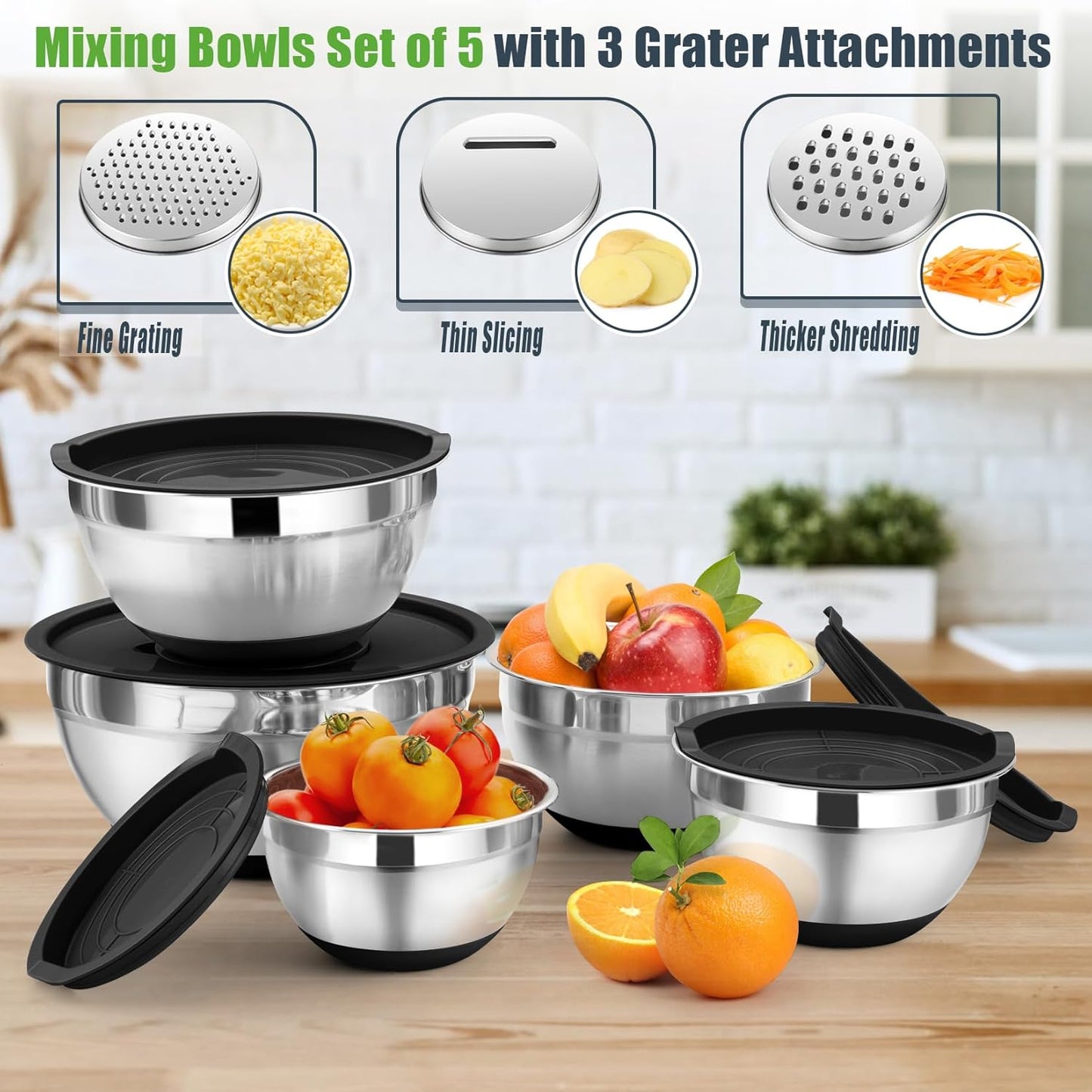 P&P CHEF Mixing Bowl with Lid Set, 5 Piece Stainless Steel Mixing Nesting Bowls for Salad Storage, 3 Grater Attachments & Non-Slip Bottoms, Size 1/1.5/2 / 2.6/4.6 QT, Black