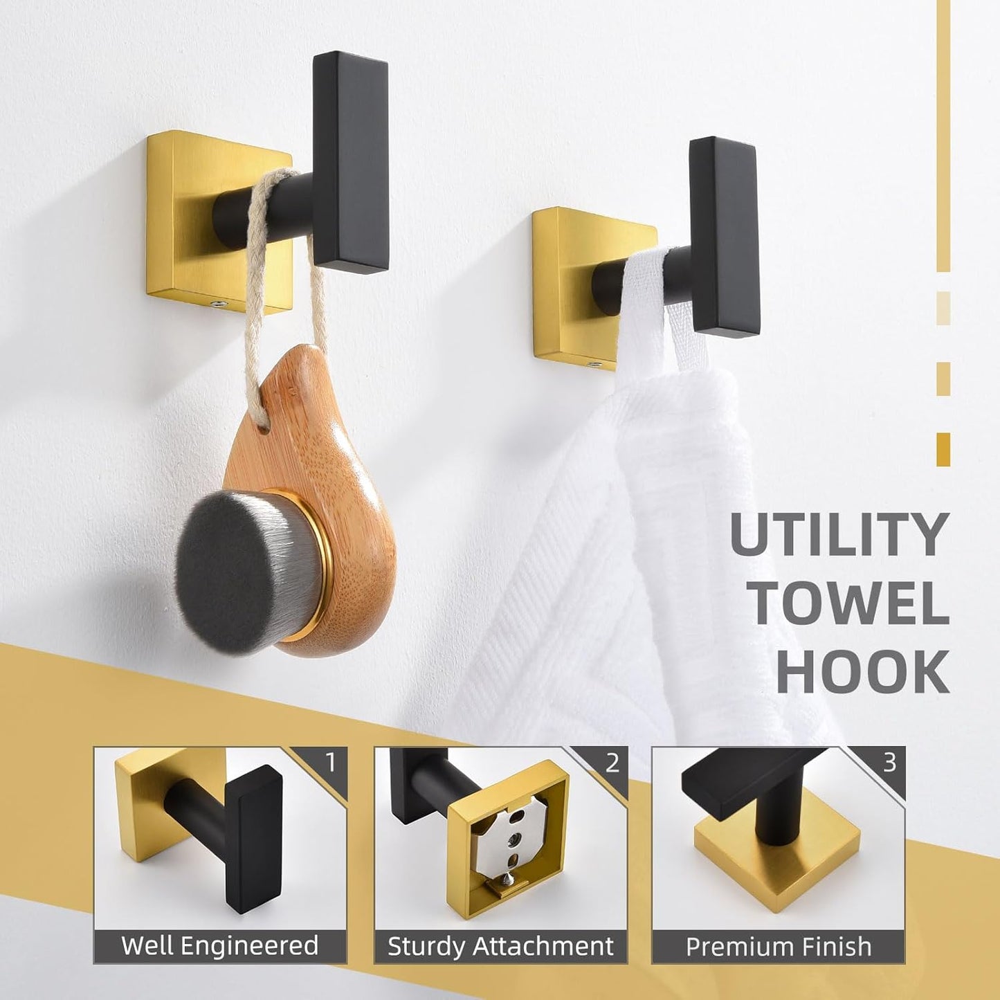 Angle Simple Bathroom Towel Hook 2 Pack, SUS 304 Stainless Steel Bath Robe Coat Holder Wall Mounted, Black & Gold
