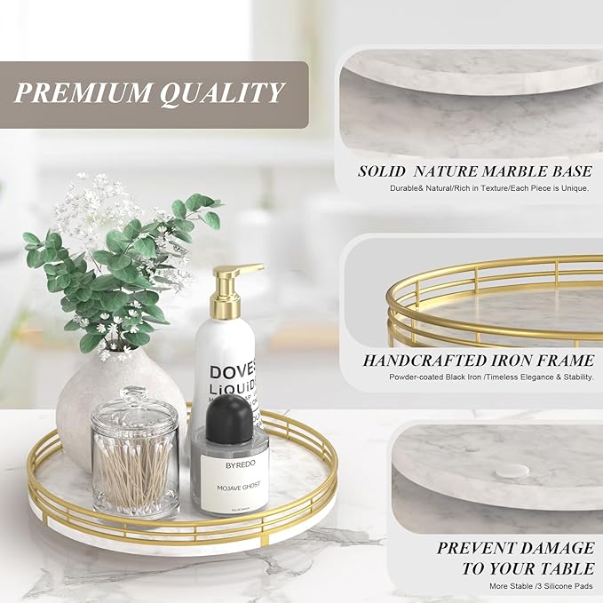 White Marble Lazy Susan Turntable for Table Top – 10” Round Marble Tray Organizer for Bathrroom, Vanity, Dining Table, Kitchen Countertop & Bar, Luxury Stone Serving Tray with Gold Frame
