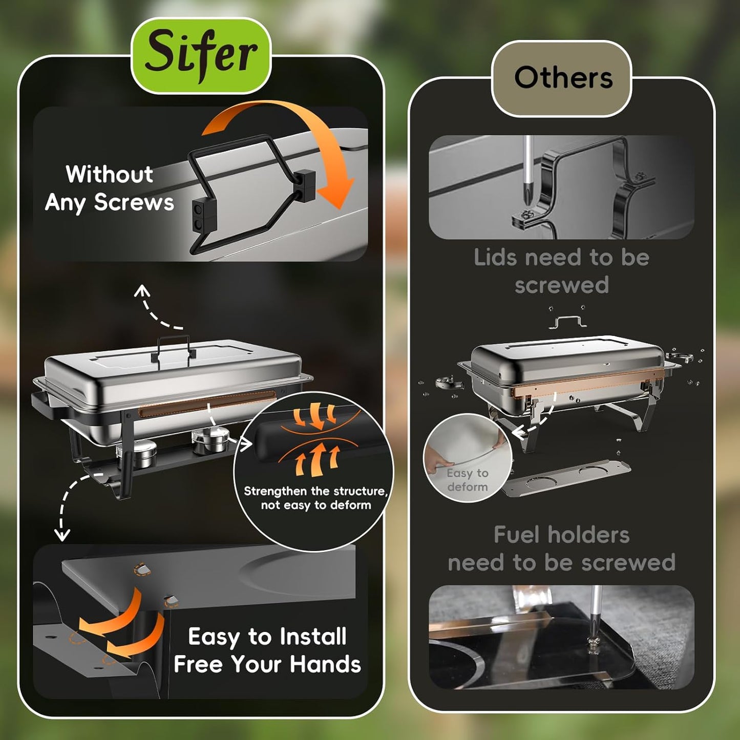 sifer Chafing Dishes for Buffet 9Qt 4 Pack [Multi-Size Food Pans] | Chafing Dishes with 80% Faster [Screwless Installation] and Stacking Design [Easy Storage] for Fathers Day Party/Wedding
