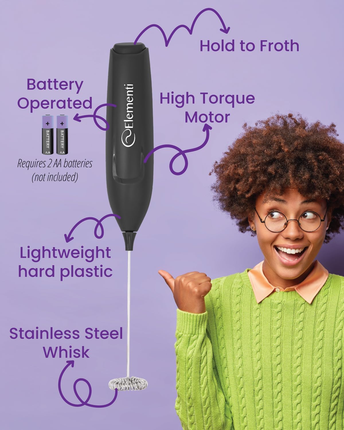 Elementi Powerful Frother Wand – Lightweight Milk Frother & Drink Mixer Handheld, Matcha Whisk for Dreamy Lattes, Powerful Coffee Mixer Wand & Blender Stirrer - Make Creamy Cappuccinos at Home (Black)