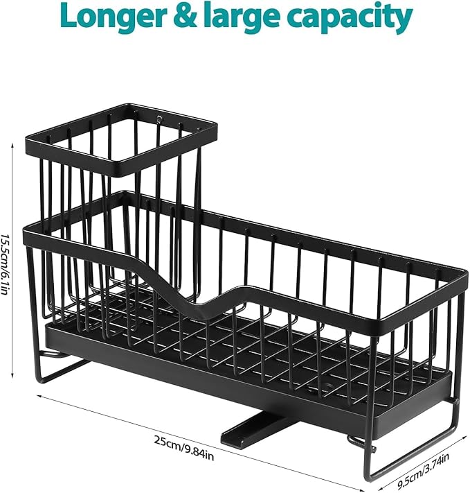 Generic Sink Caddy Organizer, Black Metal Kitchen Counter Sponge Holder with 360° Auto-Drain Tray, 9.8x3.9 Inch, 2-Compartment Storage for Cleaning Supplies