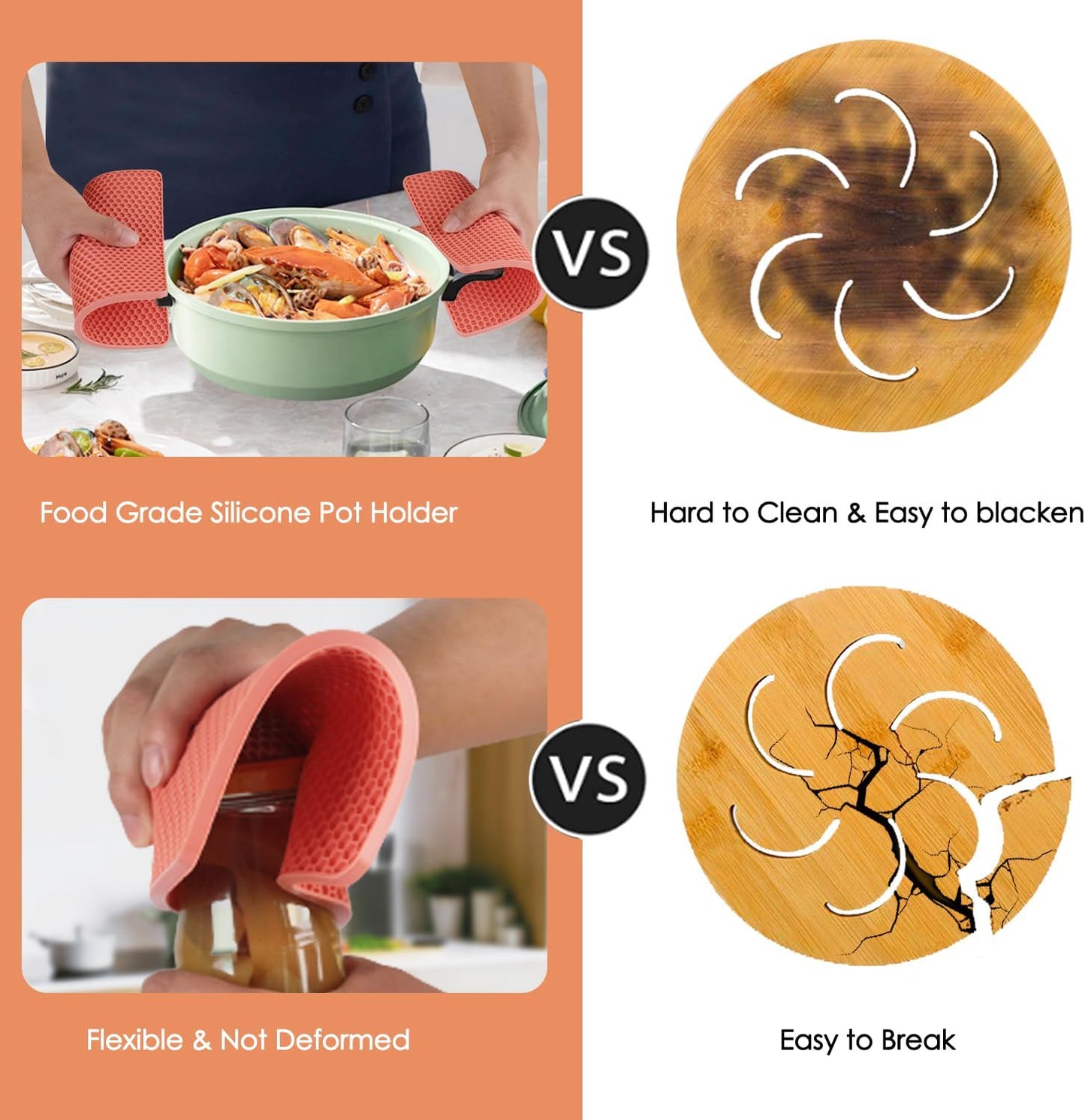 4 Pack Trivets for Hot Dishes, Silicone Pot Holders Hot Pads for Kitchen, Silicone Trivets for Hot Pots and Pans, Hot Plates to Protect Table Quartz Countertops Heat Resistance to 450°F, Nordic Orange