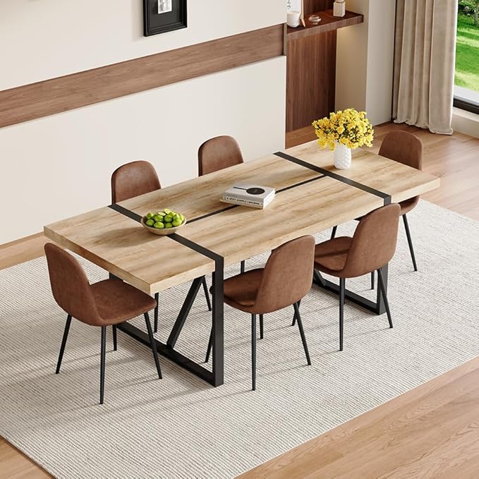 86.6" Dining Table Set for 6, Modern 7 Piece Wood Kitchen Table and Chairs Set, Rectangle Dining Room Table with 6 Upholstered Suede Chairs, Ideal for Apartment, Kitchen, Dining Room