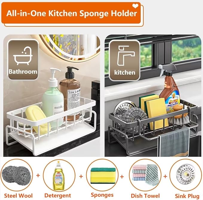 CIT ZCFY Kitchen Sink Caddy Organizers - Stainless Steel Sink Caddy with 30 Tilt Self-Drainage, Dish Brush Holder & Removable Dishcloth Rack - Gray