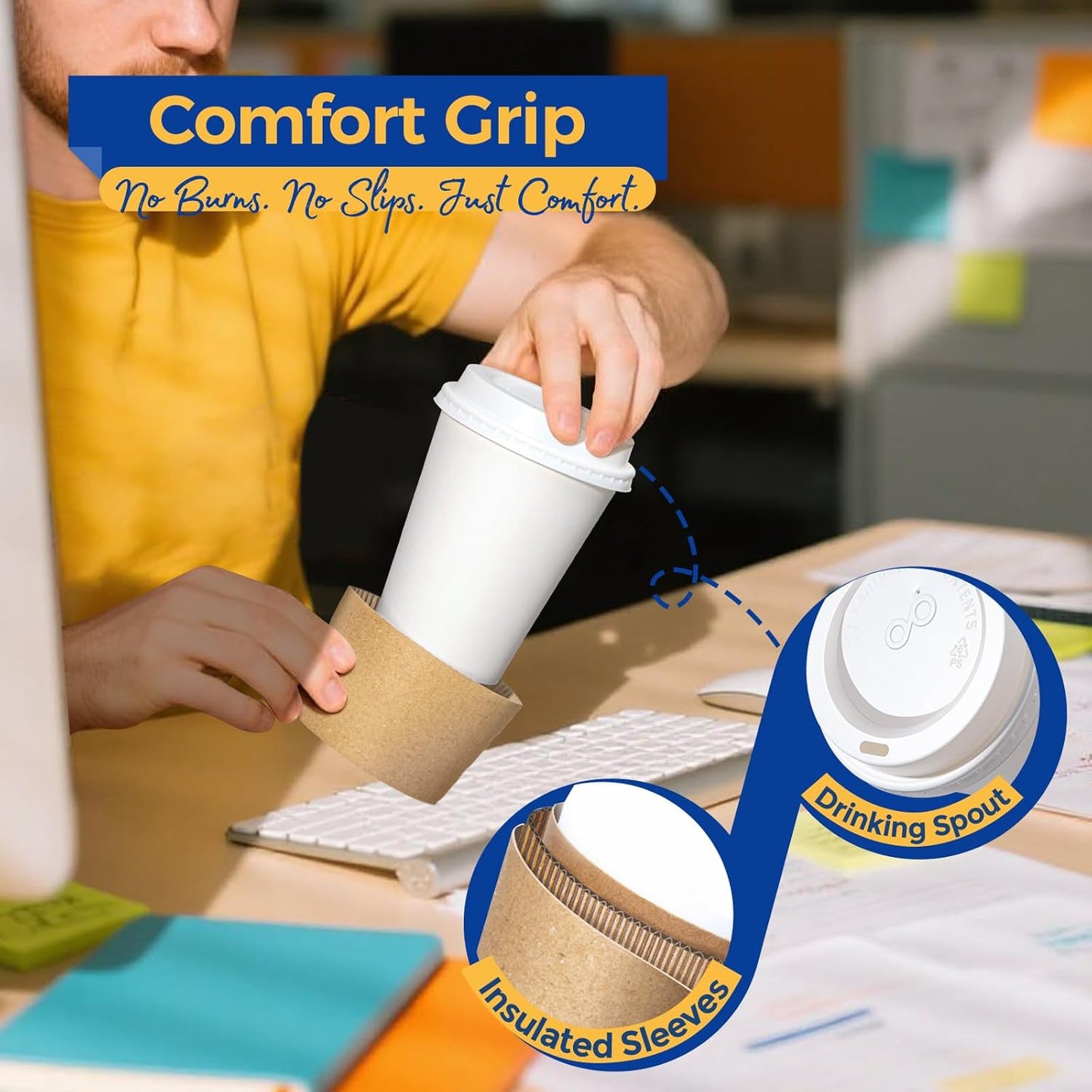 Fit Meal Prep 100 Pack 12 oz Disposable Coffee Cups with Lids, Sleeves, Leak-Proof To Go Coffee Cups with Lids, Durable Hot Paper Cups for Home, Office, Party, Business